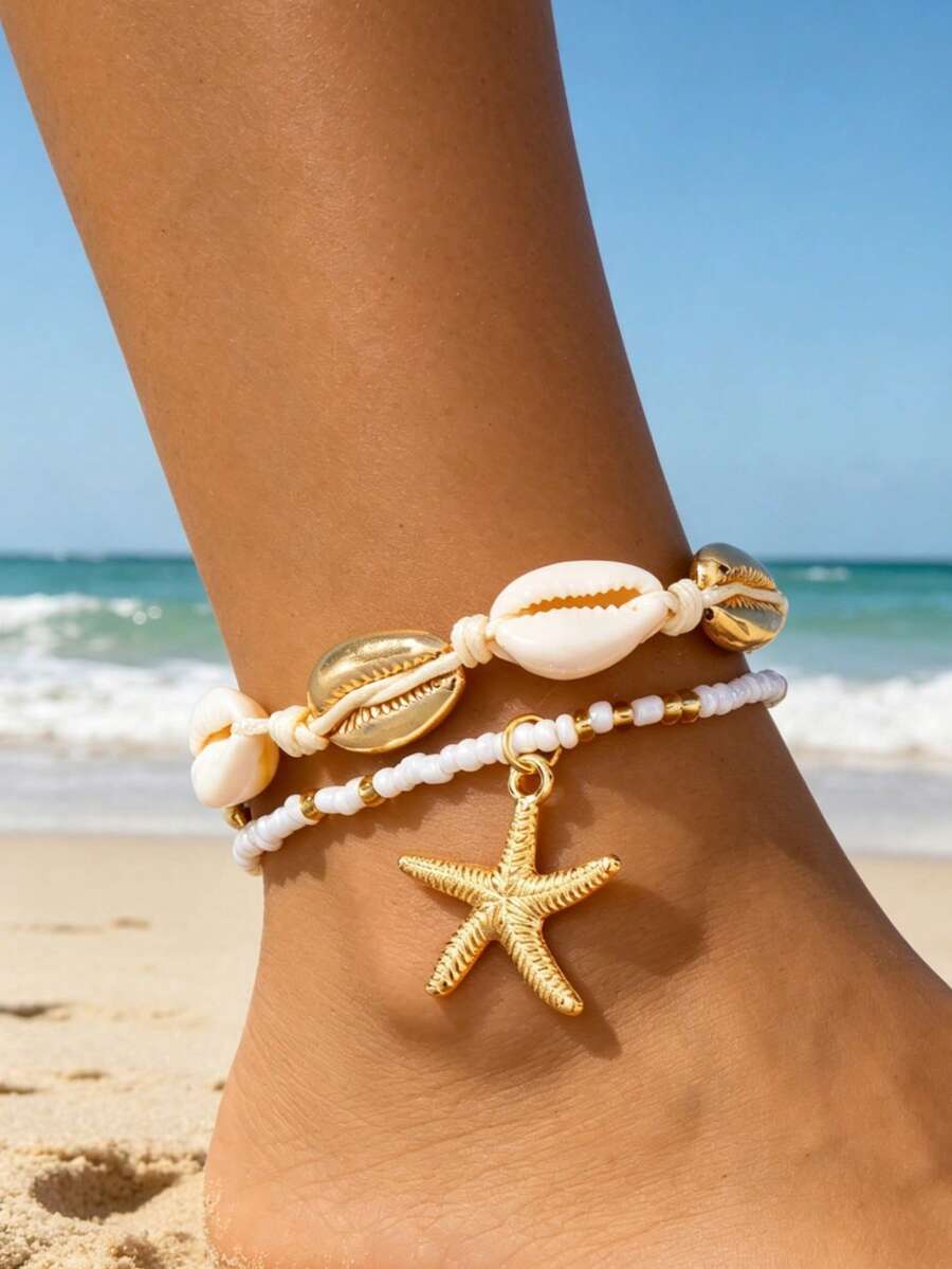 1 Set Of 2 Pcs Summer Starfish & Shell Woven Anklets, Fashionable European & American Ocean Beach Style - one-size - View 1