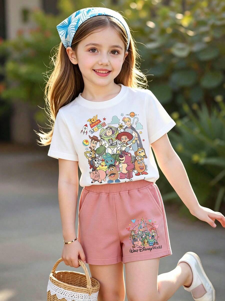 Disney Toy Story Girls 2-14Y Vacation Outfit T-Shirt And Shorts All Characters Graphic Tee And Shorts For Theme Park Casual Wear Express Delivery - 白衣粉褲 - 查看 1