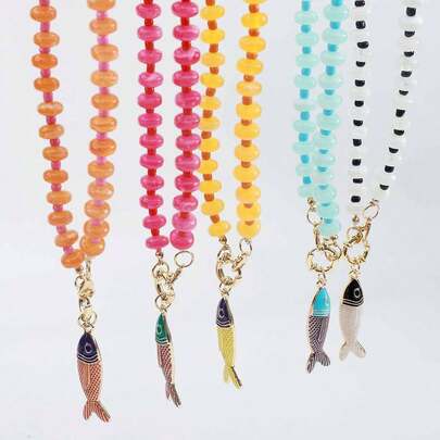 Mydear 1pc Bohemian Colorful Resin Beaded Fish Pendant Necklace, Suitable For Women Summer Beach Accessories