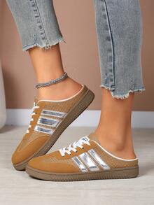 Women's Brown & Silver Striped Mule Sneakers, Retro German Trainer Style Backless Slip-On Shoes, Breathable Mesh Casual Flats - Light Brown - View 2