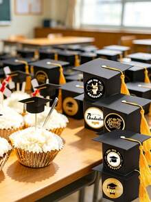 13/5pcs Black Graduation Cap Shaped Gift Boxes, Decorated With Black And Gold Stickers, 2026 Graduation Party Candy & Snack Packaging, DIY Graduation Party Tabletop Decor, Cookies & Candy Boxes - Multicolor - View 7