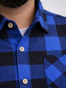 Men's Plus Size Checkered Shirt With Long Sleeves And Cuffs - Blue - View 3