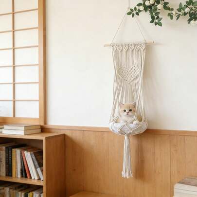 1pc Macrame Cat Hammock, Bohemian Style Hanging Cat Bed, Reliable Wall Mounted Cat Scratching Post, Handwoven Fiber Art Cat Swing Hammock, Suitable For All Seasons - Cushion Not Included