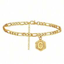 1pc Fashionable Personalized Letter A-C Hexagon Shaped Gold-Plated Chain Anklet, Suitable For Daily Wear, Outings, Beach Activities - Gold - View 4