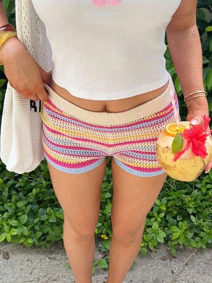 Women's Summer Vacation Sweater Shorts, Crochet Hollow Striped High Waist Beach Cover-Up Shorts , Women's Sexy Fitted Summer Casual Shorts Pink