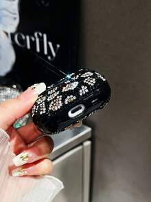 1pc Black Rhinestone Leopard Print Bluetooth Earphone Protective Case For AirPods - Black - View 5