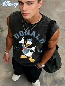 Disney Officially Licensed Men's Sleeveless Graphic Tees, 100% Cotton,  EST.1934 Print, Washed 230g, Retro Vintage Crew Neck, Comfortable Casual Wear - 黑色 - 查看 1