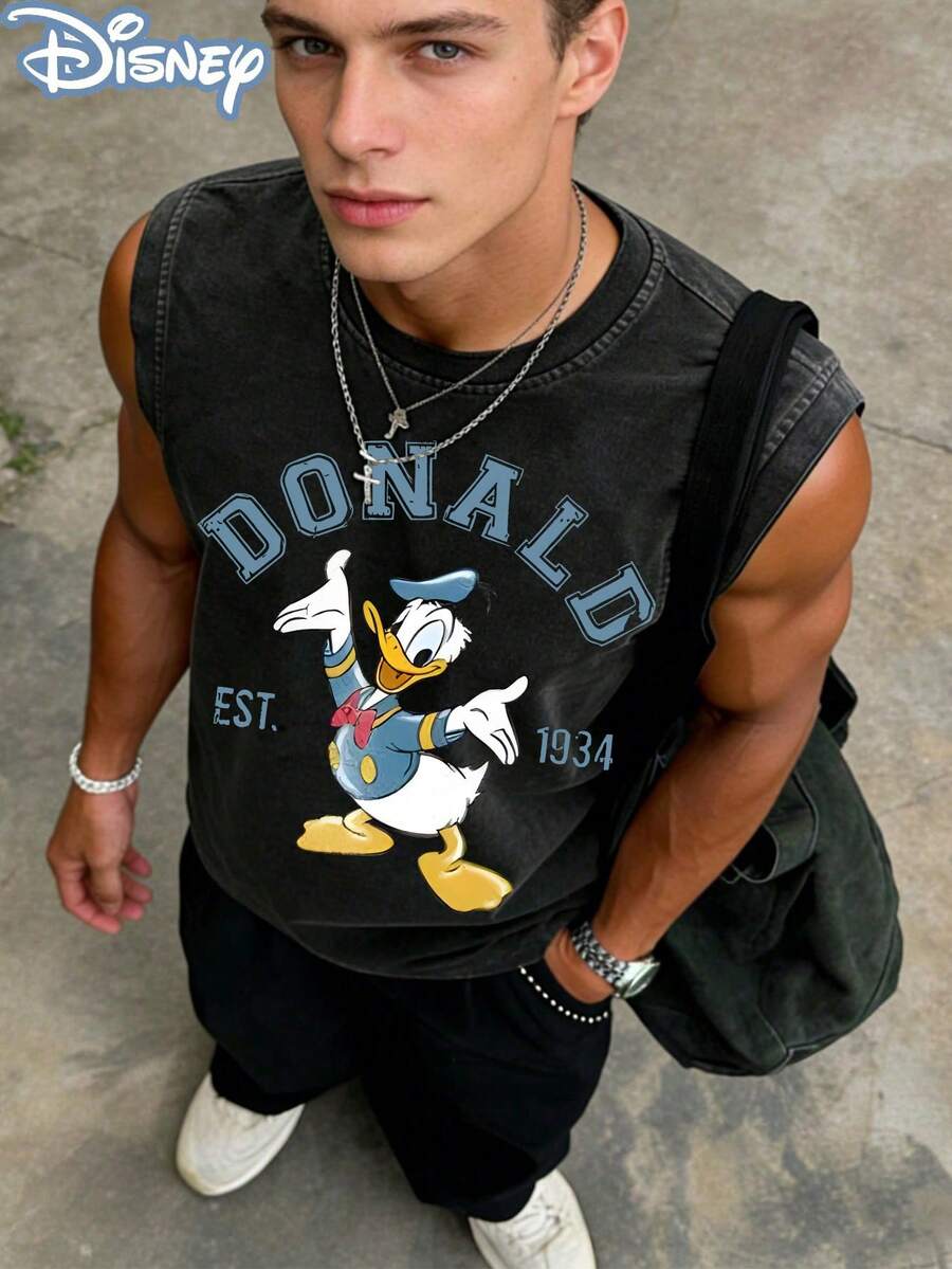 Disney Officially Licensed Men's Sleeveless Graphic Tees, 100% Cotton,  EST.1934 Print, Washed 230g, Retro Vintage Crew Neck, Comfortable Casual Wear - 黑色 - 查看 1