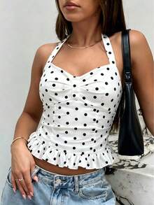 Women's Sequin Camisole Backless Polka Dot Cropped Tank Top, Sleeveless Knit Tie-Up, Summer Fashion Resort Style - White - View 9