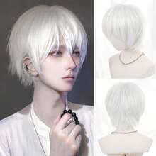 35cm Short White Heat-Resistant Synthetic Anime Cosplay Wig For Men And Women - White - View 13