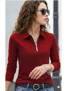 Women's Long-Sleeved Polo Shirt/Blouse - New Release. - Red - View 1