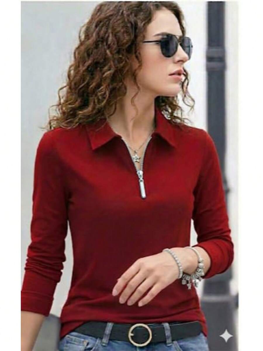 Women's Long-Sleeved Polo Shirt/Blouse - New Release. - Red - View 1