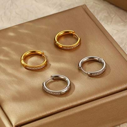 1pc Luxury Style Women's Rhinestone Hoop Earrings, Stainless Steel Minimalist Fashion Accessory