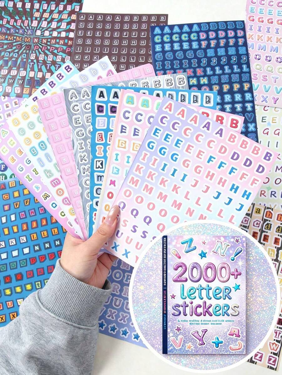 1本彩色英文字母貼紙，含24張/2000張裝飾字母貼紙，適用於剪貼簿、卡片、明信片、筆記本、電腦、DIY手工、相簿、返校等學校用品