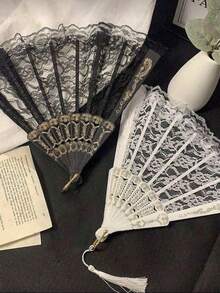1pc French Retro Lace Tassel Folding Hand Fan, Portable Summer Dance Fan - White - View 5
