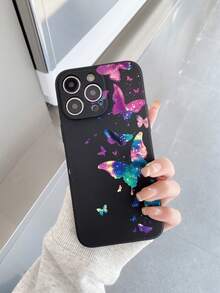 Compatible With Apple 17, 16, 15, 14, 13, 12, 11 Pro Max / / / / / Series, Colorful Butterfly Pattern Design Straight Edge TPU Phone Case, Anti-Drop, Portable - Black - View 2