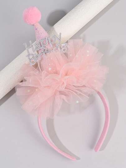 1pc Birthday Headband For Girls Pink Mesh Ruffled Hair Hoop For Birthday Party Photo Props Sparkly Glitter Headband For Birthday Gift Cute Pom Pom Hair Band Teens Hair Accessories
