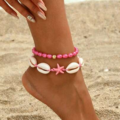 2pcs Fashionable, Sexy, Elegant Boho Ocean Style Faux Pearl, Starfish, Shell Beaded Anklets, Suitable For Women's Daily Casual, Party, Music Festival, Beach Vacation, Gift For Her