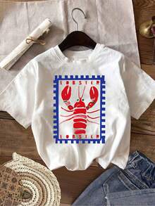 Free Shipping Women's Lobster Pattern T-Shirt - White Red Lobster Round Neck Casual Summer Beach Party Top, Machine Washable For Daily Wear 2026-Beach Vacation Outfits Woman, Cute Clothes - trắng - Xem 1