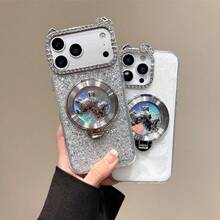 Silver/White Glitter Rotating Horse Phone Holder Case With Rhinestone Ring Grip, Full Coverage Lens Protection Luxury Soft Phone Case, Compatible With IPhone 17/16/15/14/13 Pro Max - Multicolor - View 4