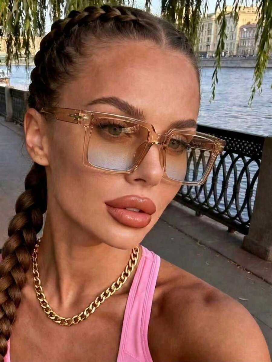 1pc Women's Plus Size Rectangular Ombre Ocean Gradient Color Y2K Glasses, Suitable For Commuting, Vacation, Street Style, Daily Wear, Korean Personalized Youthful Fashion Classic Square Shades, Suitable For Driving, Dating, Travel, Beach, Outdoor Activities - Multicolor - View 1