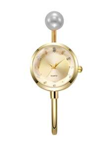 1pc Women's Gift Watch, Delicate Compact Minimalist Rhinestone Dial, Versatile Ladies Quartz Wrist Watch, Pearl Bracelet Design, Excluding Watch Box - Gold - View 6