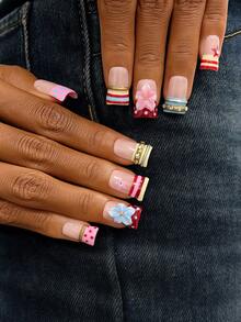 10pcs Y2K Nails Chic Duckbill Press On Nails Set - Handcrafted, Pink Nails, Yellow Nails, Yellow And Pink French Tip Nails, Handmade 3D Blue Flowers And 3D Gold Ring Design, 3D Jewelry Nails Art, Hand Drawn Blue Polka Dot And Red Stripe Design, Sparkling Rhinestone Decoration, Delicate Graceful Nails - Nhiều màu - Xem 4