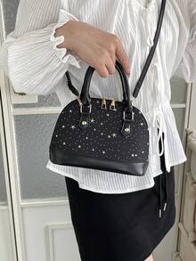 Fashionable Solid Color Embossed Handbag - Black - View 3