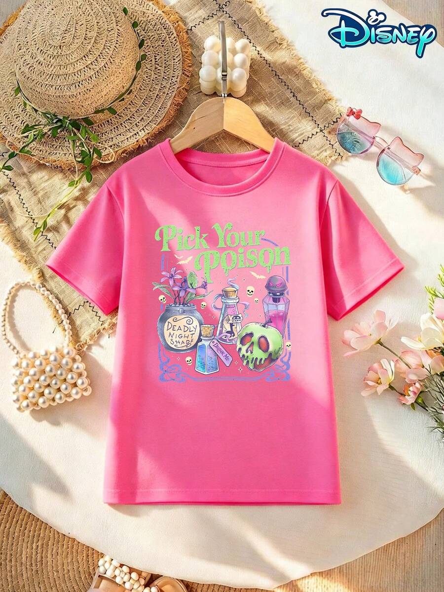Disney Licensed Style | Disney Villains Poison Bottle Collection Print Crew Neck Women's Short Sleeve T-Shirt - Dark Personalized & American Casual Vibe, Soft Breathable Fabric, Crew Neck, Ideal For Vacation, Travel & Daily Casual Wear - Hồng - Xem 1