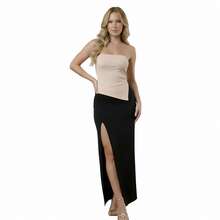 Conjunto 2 Peças Elegante Top Tubo Assimétrico Tomara Que Caia Ribana a e Saia Maxi Longa Preta Com Fenda Suplex premium - bege/nude e preto - Visão 6