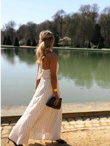 Elegant Women's Sleeveless Backless Polka Dot Maxi Dress, Perfect Summer Slip Dress Style Party ,Petite Women - Apricot - View 2