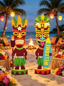 4pcs/2pcs Hawaiian Style Tiki Torch Garden Decor Stake, Primitive Upright Stake - Durable Outdoor Decor, Beach Party Decoration - Polynesian Surfboard Style - Upright Welcome Sign - Featuring Hawaiian Dancer And Palm Tree Pattern, Hawaiian Party Decor, Summer Beach Party, Tropical Theme Events And Landscaping - Hawaii - View 2