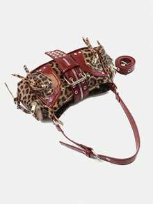 New Motorcycle Bag Y2K Girl Large Capacity Multi-Functional Handbag Rivet Shoulder Bag Crossbody Bag Design-Driven Underarm Bag Fashion Niche Leopard Print Red, New Women's Handbag, PU Leather - Red - View 7