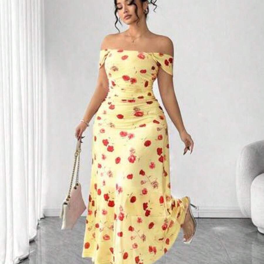 Cravure Plus Size Women's French Romantic Pink Rose Print Off-Shoulder Dress, Plus Size Cinched Waist Pleated Mesh Dress, Gentle Elegant Fitted Slimming Spaghetti Strap Dress 1XL, Suitable For Commute, Date, Vacation, Fairy Dress - amarillo ganso - Ver 1