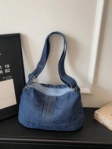 Vintage Washed Denim Shoulder Bag, Relaxed Pleated Denim Crossbody Bag With Adjustable Strap, Distressed Craftsmanship Brings American Retro Vibe, Large Capacity Design Fits Well With T-Shirts, Cargo Pants, Mini Skirts, Suitable For Sweet & Cool Girls - Multicolor - View 9