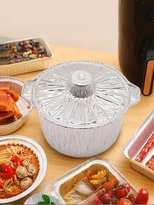 12个一次性铝箔火锅盘，便携式铝箔烹饪容器，适用于露营、野餐、烧烤、聚会和节日晚餐，多用途一次性炊具，可用于蒸、煮、炖、焖和火锅，耐用的外卖包装和日常派对食品盛放必备品 - 圓形 - 查看 2