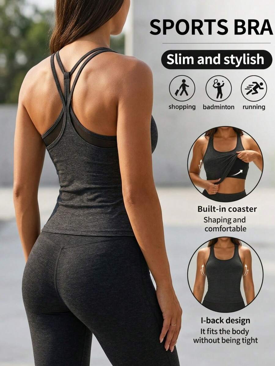 1pc Spring/Summer Backless Camisole, 2-In-1 With Built-In Cup Pad, Mesh Splice Casual Sports Yoga Outdoor Wear Slip Dress - Dark Grey - View 1