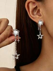 1 par de pendientes con cadena de borlas con strass en forma de estrella, pendientes dulces con forma de corazón a la moda, regalo de amistad, joyería de uso diario - pendientes - Ver 1