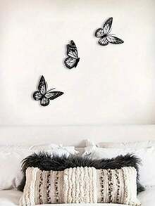 3pcs Metal Butterfly Wall Decor, Classic Style Indoor/Outdoor Hanging Decoration, Black Iron Art Wall Ornament, Suitable For Garden, Fence, Bedroom, Kitchen, Living Room, Dining Room, Office And More - Black - View 2