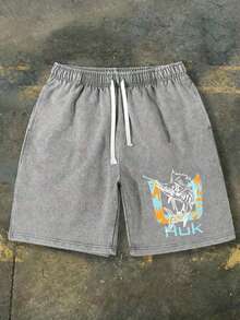 230g Washed Shorts Featuring A Fishing Scene Illustration On The Side: Bass Leaping Out Of The Water, A Small Boat, And Waves. Above Is The Slogan "ON AND OFF THE WATER," And Below Is White HUK Lettering, Recreating A Realistic Fishing Scene. These Men's Retro Washed Casual Street Style Shorts Evoke American Fishing Culture In A Workwear Style, Comfortable And Breathable, Suitable For Everyday Wear. Features Include An Adjustable Drawstring Waist, Elastic Waistband, And Pockets. - 灰色 - 查看 1
