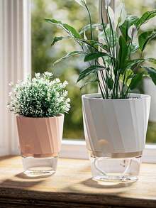 Transparent Double Layer Plastic Flower Pot Self Watering Flowerpot Cotton Rope Watering Small Plant Pot With Injection Port - A - View 2