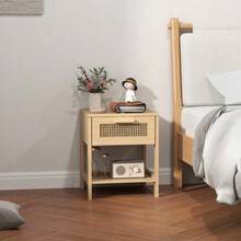 Nightstand, Bedside Table, Side Table, Natural Night Chest With Drawer And Open Shelf, Rattan Design, Natural Finish, 40 X 40 X 48.4 Cm - Natural Wood - View 7