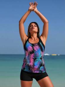 Women's Tankini Swimsuit Set, Two-Piece Tummy Control Design With Blouson Top And Matching Shorts - 19 - View 4