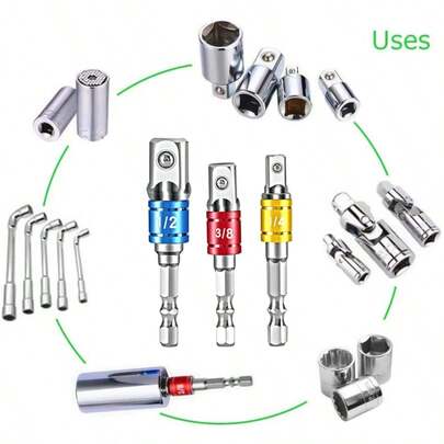 3 Stück stoßfeste Steckdosenadapter-Set, Nickel-beschichtete Legierung Stahl Konstruktion, Sechskant-Schaft Bohrfutter, Schlüssel Konversionswerkzeug für Bohrmaschine und Akku-Schlagschrauber, Sechskant-Schaft verlängert auf 1/4", 3/8" und 1/2" Antriebe, 3 Modelle verfügbar, Geschenk zum Vatertag