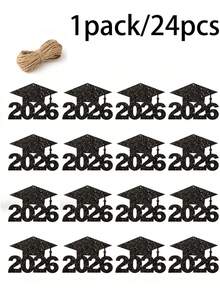 24件套毕业季中心装饰品，2026届毕业帽纸质剪纸，有3种颜色可选（黑色/银色/金色），配有麻绳，可重复使用，适用于毕业派对装饰、插花、餐桌装饰、拍照道具、毕业典礼等。非常适合2026届高中/大学毕业典礼、毕业派对、毕业礼物包装和毕业派对回礼。 - 多色 - 查看 13