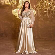hezixi High Quality Stretchy Sequin V-Neck Puff Sleeve Fitted Mermaid Hem Design Plus Size Elegant Luxury Women Long Dress, Enhances Youthful Charm, Suitable For Parties, Graduations, Weddings, Events, Galas And Balls, Women's Formal Ball Gown (Deluxe Edition) Party - 香檳色 - 查看 9