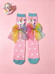 1 Pair Girls' Sweet Cute Rainbow Bow Decor Calf Socks, Cartoon Pony Pattern Design Girls' Mid-Calf Socks, Suitable For Girls In Spring, Autumn And Transitional Seasons, Versatile Design Girls' Student Socks - Multicolor - View 5
