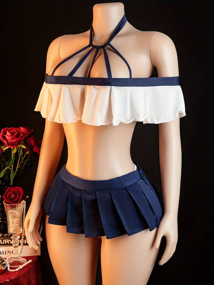 Valentine'S Day Sexy Lingerie Pure Role Play Sexy Dating Battle Robe Temptation Uniform Bed Free Pajamas Passion Suit New Style (Including: Top + Short Skirt + T Pants) - Màu xanh lam - Xem 1