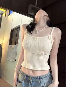 春夏無袖針織吊帶背心 & 優雅修身短版上衣，甜美休閒Y2K復古風，3D紋理鉤編裝飾，鏤空圖案，修身版型 - 杏色 - 查看 5
