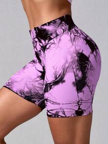 NcmRyu 1pc Women High Waist Seamless Elastic Tie-Dye Sports Fitted Shorts - Pink - View 7